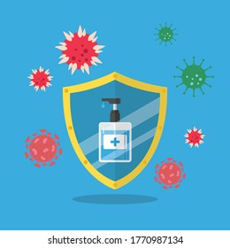 Botella de bombeo de sanitizador de mano con protección contra virus. Ilustración vectorial de estilo plano