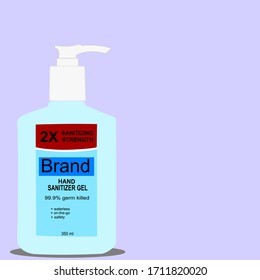 Hand sanitizer pump bottle with text on label on purple background. Packaging design. Advertising of hand sanitizer. Hand disinfectant. Personal hygiene. Illustration vector. Sanitizing container.