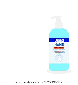 Hand sanitizer pump bottle with text on label on the blue background. Packaging design. Advertising of hand sanitizer. Hand disinfectant. Personal hygiene. Illustration vector. Sanitizing container.