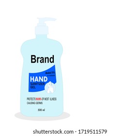Hand sanitizer pump bottle with text on label on the blue background. Packaging design. Advertising of hand sanitizer. Hand disinfectant. Personal hygiene. Illustration vector. Sanitizing container.