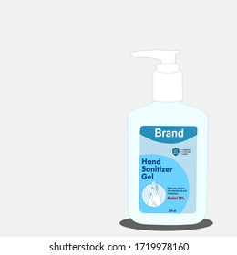 Hand sanitizer pump bottle with text on label on the blue background. Packaging design. Advertising of hand sanitizer. Hand disinfectant. Personal hygiene. Illustration vector. Sanitizing container.