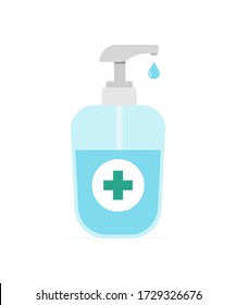 Hand sanitizer pump bottle, washing gel, alcohol gel with drop in flat style. Vector illustration eps 10