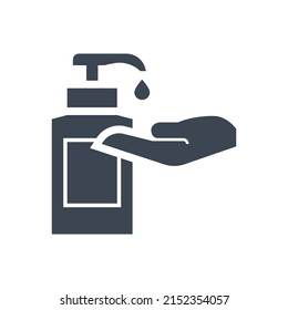 Hand sanitizer related vector glyph icon. Sanitizer dripping from bottle on palm. Hand sanitizer sign. Isolated on white background. Editable vector illustration