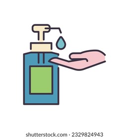 Hand sanitizer related vector icon. Sanitizer dripping from bottle on palm. Hand sanitizer sign. Isolated on white background. Editable vector illustration