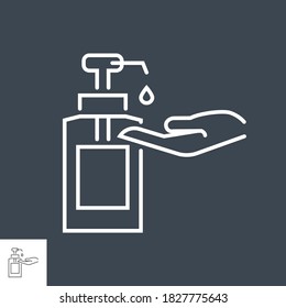 Hand sanitizer related vector thin line icon. Sanitizer dripping from a bottle on a palm. Isolated on black background. Editable stroke. Vector illustration.