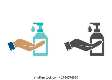 Hand sanitizer set, colored and black and white vector illustration. Hand sanitizer containers icon set. Washing alcohol gel used against viruses, bacteria, flu, coronavirus. Handwashing.  eps 10