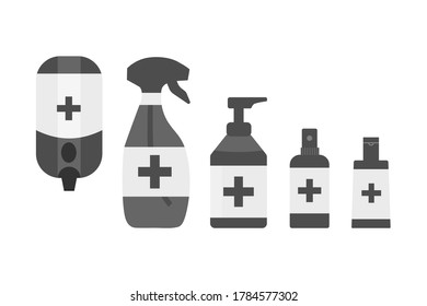 Handsanitizer-Set, farbige und schwarz-weiße Vektorgrafik. Handanitisierer Container Icon Set. Waschen des Alkoholgels gegen Viren, Bakterien, Grippe, Coronavirus. . Schwarzer Umriss. . eps10