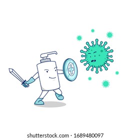 hand sanitizer soap bottle fight covid corona virus bacteria vector concept illustration with sword and shield, fight against covid-19 virus pandemic with soap