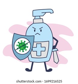 hand sanitizer soap bottle fight covid corona virus bacteria vector concept illustration with sword and shield, fight against covid-19 virus pandemic with soap vector Illustration