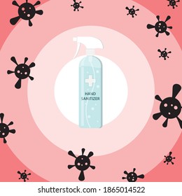 Hand sanitizer spay alcohol protection from COVID-19, coronaviruses. Vector illustration of a surgical mask, coronavirus, COVID-19 vaccine, protection,  and prevention.