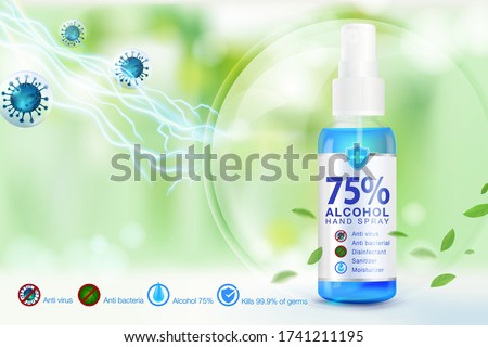 Hand sanitizer spray 75% alcohol components, kill up to 99.99% of covid-19 viruses, bacteria and germs, packed in clear plastic bottles used to spray parts of the body Corona virus protection.