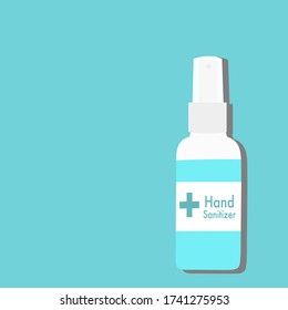 Hand sanitizer spray bottle. Disease prevention method. Avoid germs infection by using alcohol gel. Disinfectant product. Stop spreading contagious. Advertisement. Packaging design. Public info.