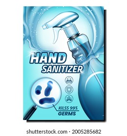 Hand Sanitizer Spray Creative Promo Poster Vektor. Handscheuernde Flasche und Keime mit Magnifizierer auf dem Werbebanner. Cleanser Healthcare Liquid Stylish Concept Template Illustration