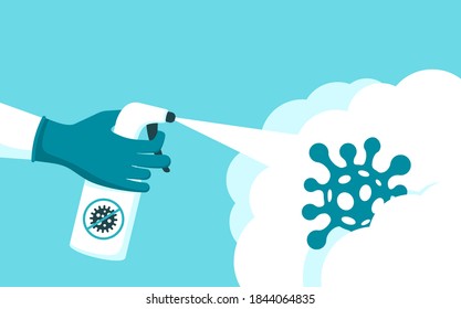 Hand Sanitizer sprayer in hands and pulverizing cloud with dying virus