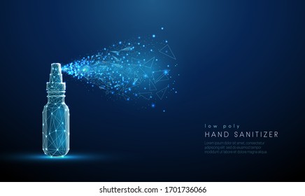 Hand sanitizer spraying around. Protect measures against Covid-19 virus. Low poly style design. Abstract futuristic geometric background. Modern graphic concept. Isolated vector illustration