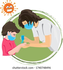 hand sanitizer, Taking care of kid from covid 19, mom and kid with mask illustration vector