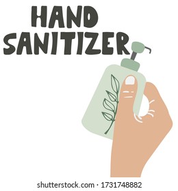 hand sanitizer - text. Anti-Bacterial Sanitizer gel, Hand Sanitizer Dispenser, infection control concept. Sanitizer to prevent colds, virus, Coronavirus, flu. Alcohol spray. Flat vector illustration.