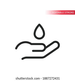 Hand sanitizer thin line vector icon. Hands disinfection sign with drop of liquid outline symbol.