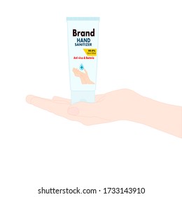 hand with hand sanitizer tube. hand disinfectant. diseases prevention. personal healthcare. product advertisement. illustration vector.
