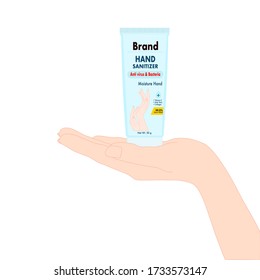 hand with hand sanitizer tube. hand disinfectant. diseases prevention. personal healthcare. product advertisement. illustration vector.