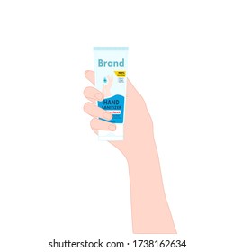 hand with a hand sanitizer tube. personal healthcare. product advertisement. illustration vector.
