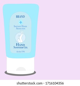 Hand sanitizer tube with text on label in pink background. Packaging design. Advertising of hand sanitizer. Hand disinfectant. Personal hygiene. Illustration vector. Sanitizing container.