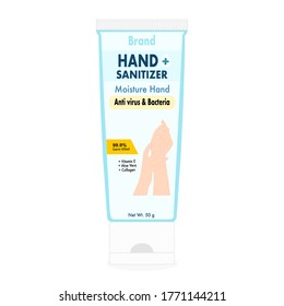Hand sanitizer tube with text on label in white background. Packaging design. Advertising of hand sanitizer. Hand disinfectant. Personal hygiene. Illustration vector. Sanitizing container.