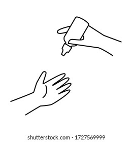 Hand sanitizer usage icon. Hand sanitizer for disinfecting a hands outline icon. How to use hand sanitizer medical infographic icon
