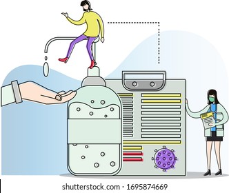 Concepto vectorial de desinfectante manual con figuras femeninas sentadas y bombeando una botella enorme de desinfectante manual 