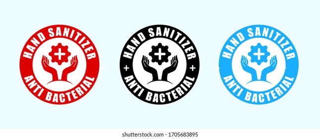Etiqueta vectorial del desinfectante manual con el escudo y el logotipo de la mano o icono para la etiqueta de paquete de producto seguro y saludable