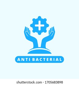 Hand sanitizer vector label with shield and hand logo or icon for healthy safe product package tag