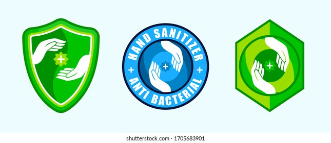 Handsanisierer-Vektorillustration mit Schild und Handlogo oder Symbol für gesunde Produktverpackung