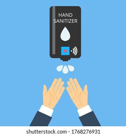 Hand sanitizer wall. Drop of antibacterial gel in palm. People use automatic alcohol antiseptic gel. Prevention coronavirus covid-19. Cleaning washing hands. Sanitizer bottle hygiene product. 