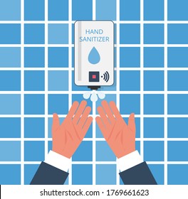 Hand sanitizer wall. Drop of antibacterial gel in palm. People use automatic alcohol antiseptic gel. Prevention coronavirus covid-19. Sanitizer bottle hygiene product. Cleaning washing hands.