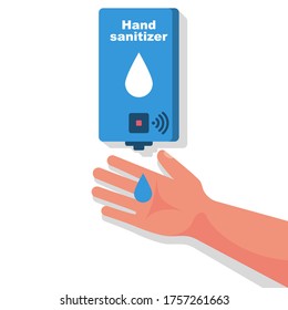 Hand sanitizer wall. People use automatic alcohol antiseptic gel. Drop of antibacterial gel in palm. Prevention coronavirus covid-19. Sanitizer bottle hygiene product. Cleaning washing hands. Vector.