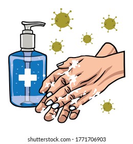 Hand Sanitizer, Washing Hands Soap to Prevent Coronavirus COVID-19 Virus Spread Vector Illustration