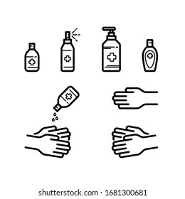 Hand sanitizer and hand washing icon in line art, outline style isolated on white background. Symbol sanitizer antiseptic treatment and hand washing for your web site design, logo, app, UI.