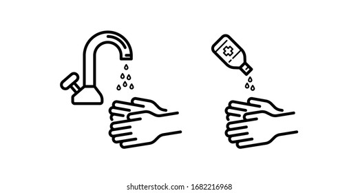 Hand sanitizer and hand washing icon in line art, outline style isolated on white background. Symbol sanitizer antiseptic treatment and hand washing for your web site design, logo, app, UI.