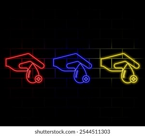 Hand sanitizer, Water drop and Volunteer minimal line icons. Neon laser 3d lights. Fahrenheit thermometer icons. For web, application, printing. Hygiene care, Serum oil, Hospice care. Vector.