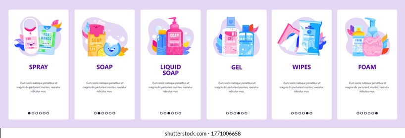 Hand sanitizer website and mobile app onboarding screens. Menu banner vector template for web site and application development. Health and hygiene products. Spray, soap, gel, wipes, liquid soap, foam.