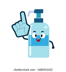 Hand Sanitizer/Liquid Soap Mascot Character Pointing Finger. Health And Medical Icon Concept White Isolated. Flat Cartoon Style Suitable For Web Landing Page, Banner, Flyer, Sticker, Infographic