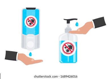 Hand sanitizers. Alcohol Gel Hand Sanitizer. Washing gel for kill most bacteria, fungi and stop some viruses such as coronavirus. Covid-19 spread prevention concept