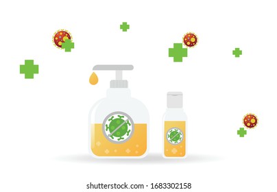 Hand sanitizers. Alcohol rub sanitizers kill most bacteria, fungi and stop some viruses such as coronavirus. Hygiene product. Sanitizer bottle and wall mounted container. 