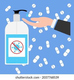 Hand sanitizers. Alcohol rub sanitizers kill most bacteria, fungi and stop some viruses such as coronavirus. Hygiene product. Sanitizer bottle. Covid-19 spread prevention. Vector illustration