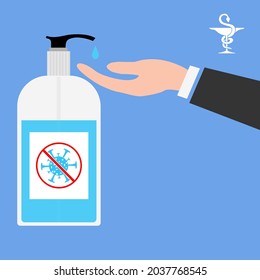 Hand sanitizers. Alcohol rub sanitizers kill most bacteria, fungi and stop some viruses such as coronavirus. Hygiene product. Sanitizer bottle. Covid-19 spread prevention. Vector illustration