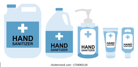 Hand sanitizer's in different design of container. Protect your hand from corona virus with alcohol gel. Hand sanitizer icon. Flat design illustration.