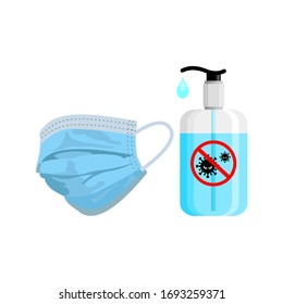 Hand sanitizers and medical masks were isolated against a white background. Medical surgical masks and hand sanitizing gel for protection of hand hygiene viruses. Stop the spread of the virus outbreak