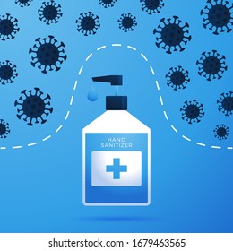 Baterizador manual, desinfectante vectorial o botella de alcohol para higiene. Los serpenteantes de los frotis alcohólicos matan a la mayoría de las bacterias y detienen algunos virus como el banner del concepto de sanidad coronavirus.hand