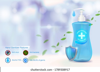 Hand sanitizing alcohol gel 75% alcohol components, kill up to 99.99% of covid-19 viruses, viruses and all germs. On a blurred blue background Packed in a clear plastic bottle.Advertising media.