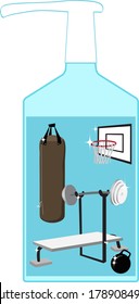 Hand sanitizing bottle with a gym equipment inside as a metaphor for a post pandemic hygiene standards, EPS 8 vector illustration  